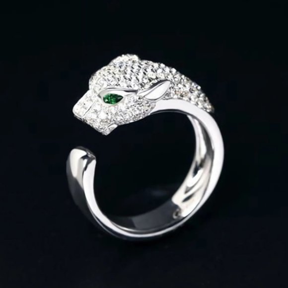 Beautiful Homage Green Eyed Diamond Panther Head Ring .925 Sterling Silver - Picture 2 of 9